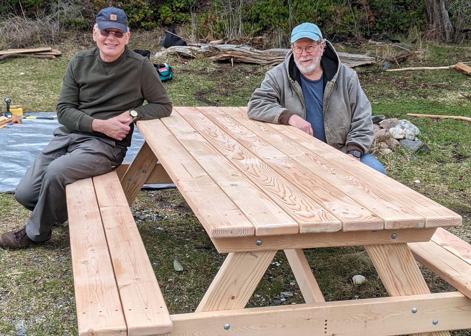 New picnic tables, Jacques and Stew